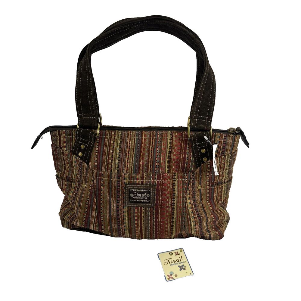 Fossil Presley Satchel Striped Fabric Tapestry Double Straps Brown Indie Boho